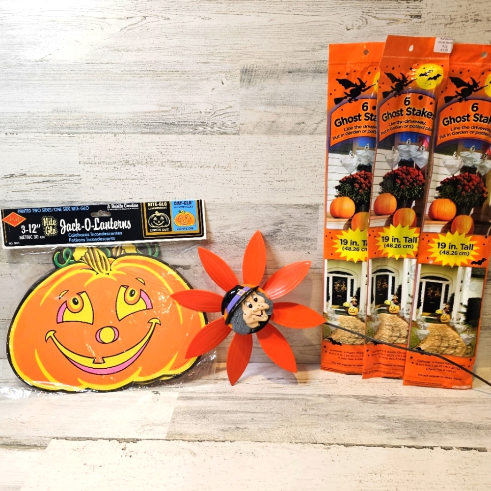 Vintage Halloween Lot 1993 Beistle Nite Glo Jack-O-Lanterns 1992 Ardine Witch